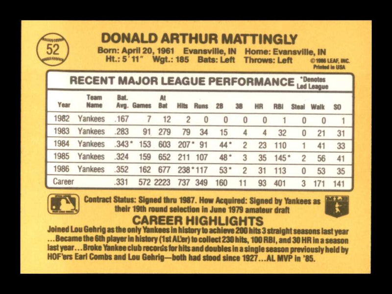 Load image into Gallery viewer, 1987 Donruss Don Mattingly #52 New York Yankees Image 2
