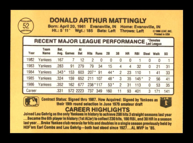 Load image into Gallery viewer, 1987 Donruss Don Mattingly #52 New York Yankees Image 2
