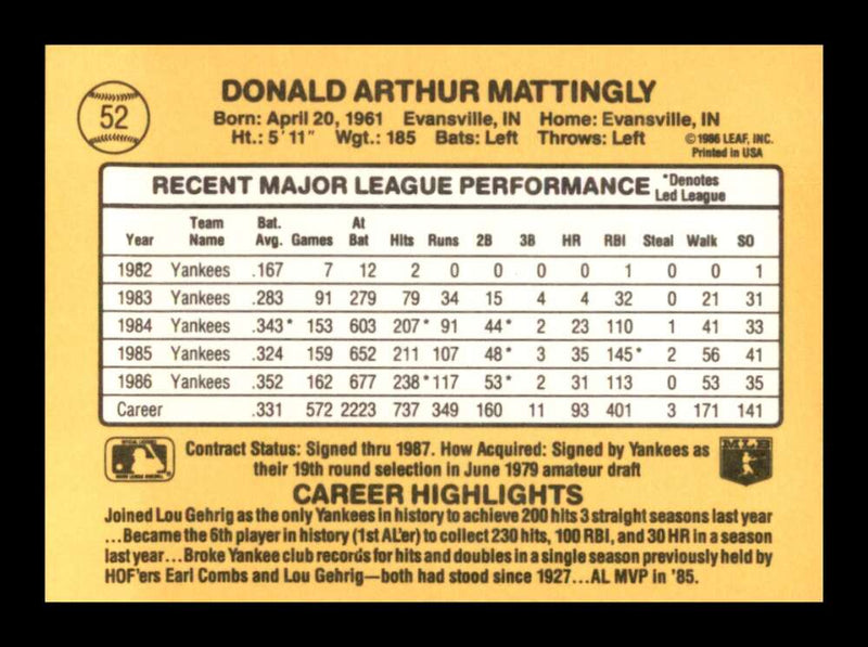 Load image into Gallery viewer, 1987 Donruss Don Mattingly #52 New York Yankees Image 2
