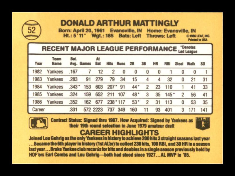 Load image into Gallery viewer, 1987 Donruss Don Mattingly #52 New York Yankees Image 2
