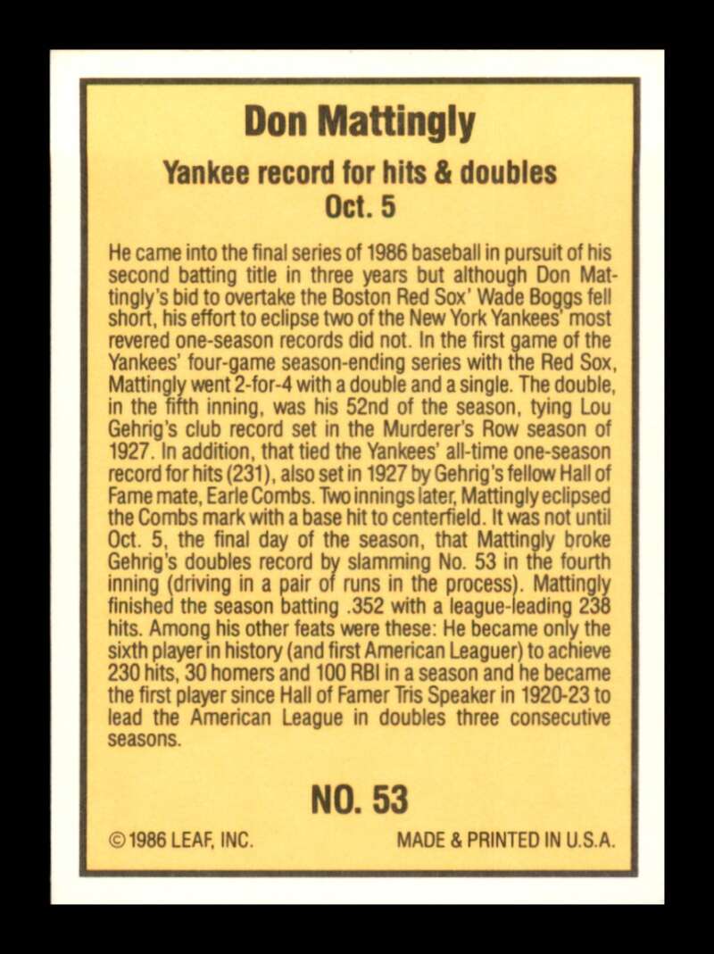 Load image into Gallery viewer, 1986 Donruss Highlights Don Mattingly #53 New York Yankees Image 2
