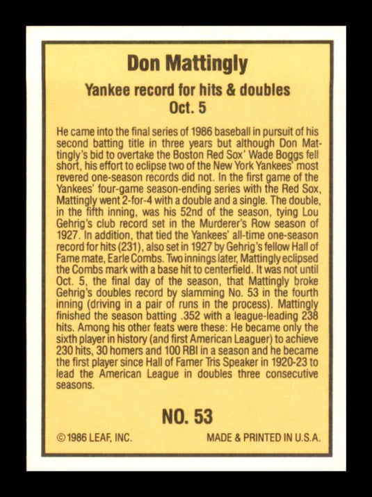 1986 Donruss Highlights Don Mattingly