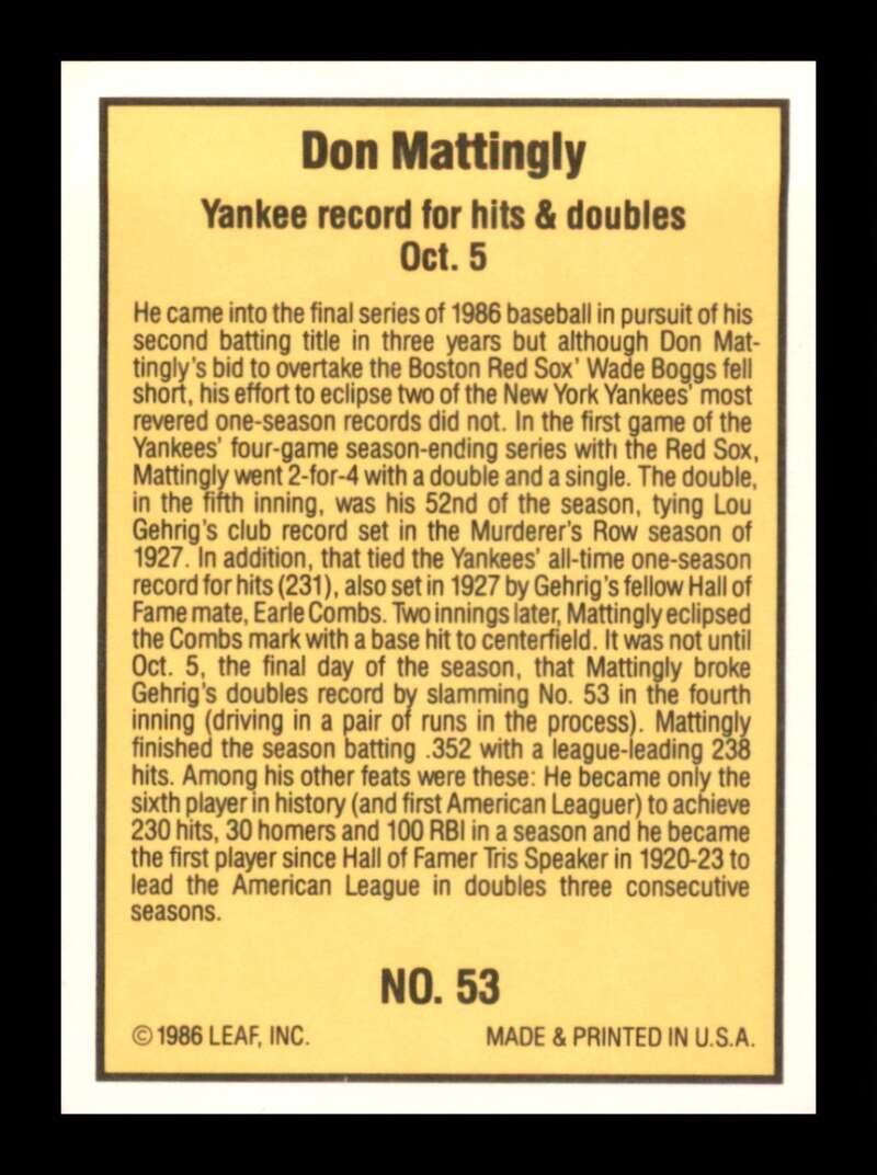 Load image into Gallery viewer, 1986 Donruss Highlights Don Mattingly #53 New York Yankees Image 2
