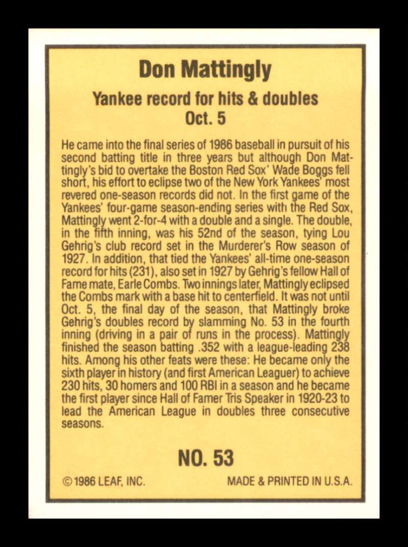 Load image into Gallery viewer, 1986 Donruss Highlights Don Mattingly #53 New York Yankees Image 2
