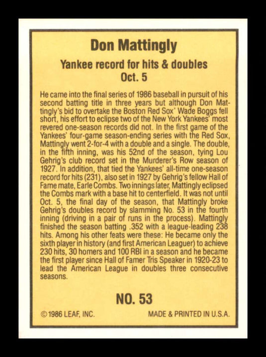 1986 Donruss Highlights Don Mattingly