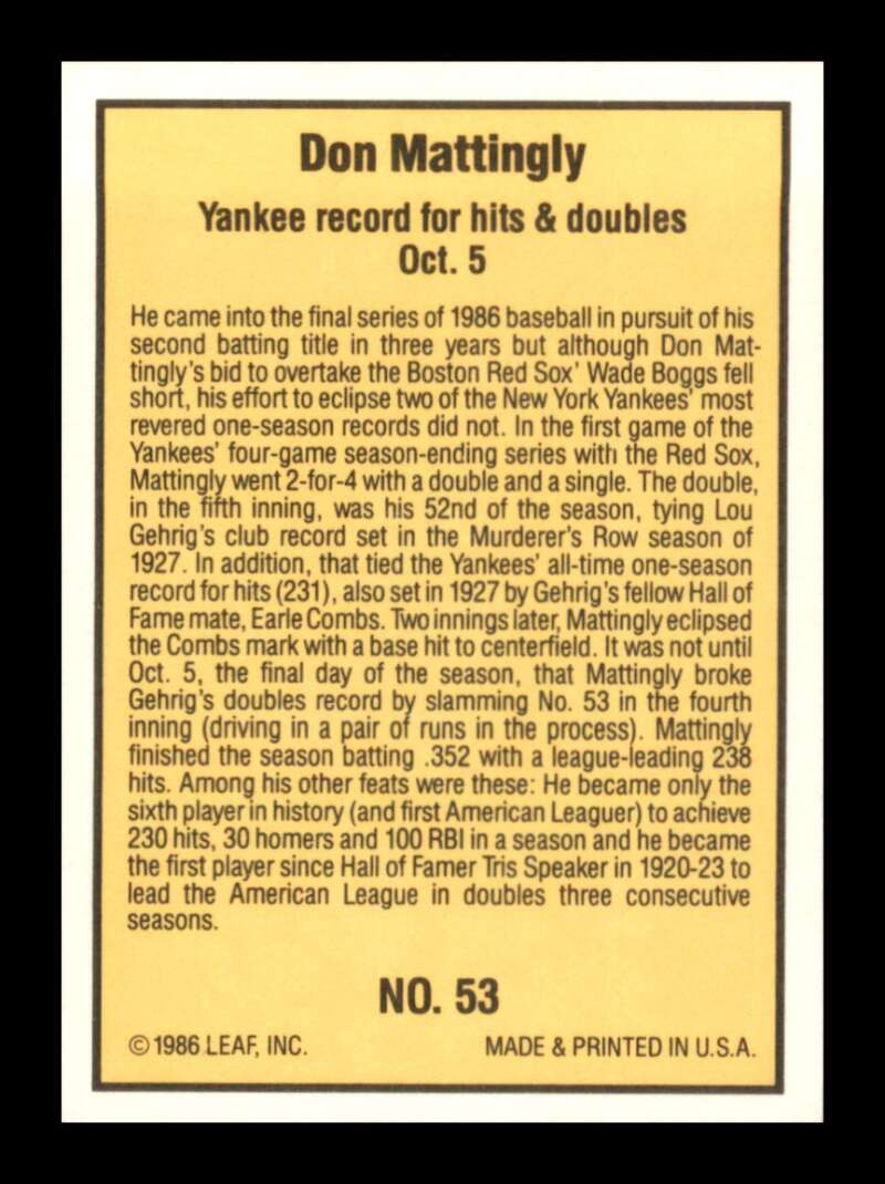 Load image into Gallery viewer, 1986 Donruss Highlights Don Mattingly #53 New York Yankees Image 2
