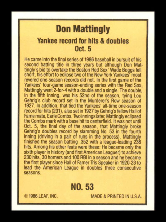 1986 Donruss Highlights Don Mattingly 