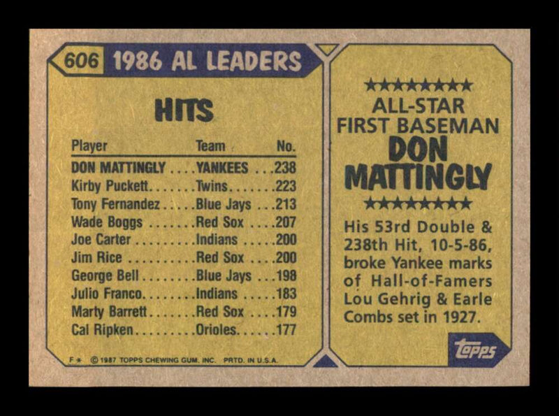 Load image into Gallery viewer, 1987 Topps Don Mattingly #606 New York Yankees Image 2
