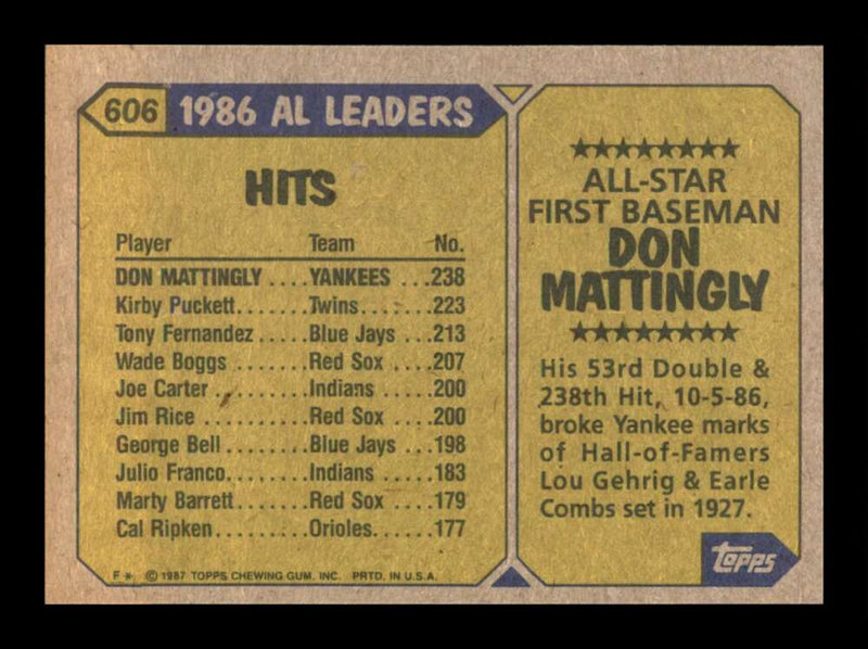 Load image into Gallery viewer, 1987 Topps Don Mattingly #606 New York Yankees Image 2
