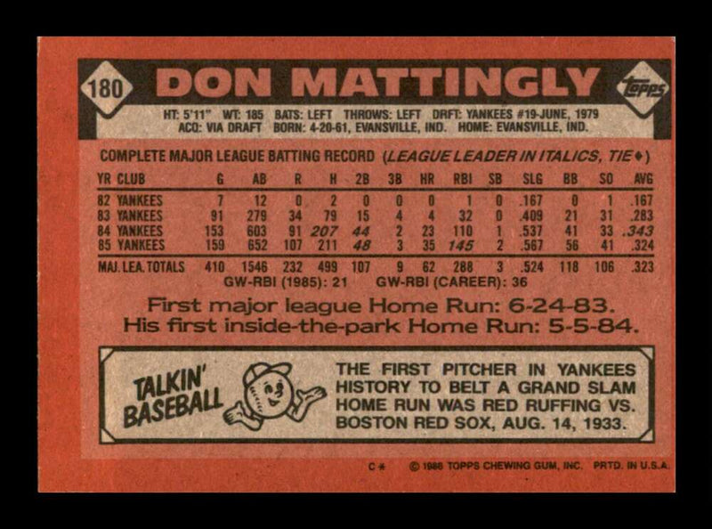 Load image into Gallery viewer, 1986 Topps Don Mattingly #180 New York Yankees Image 2
