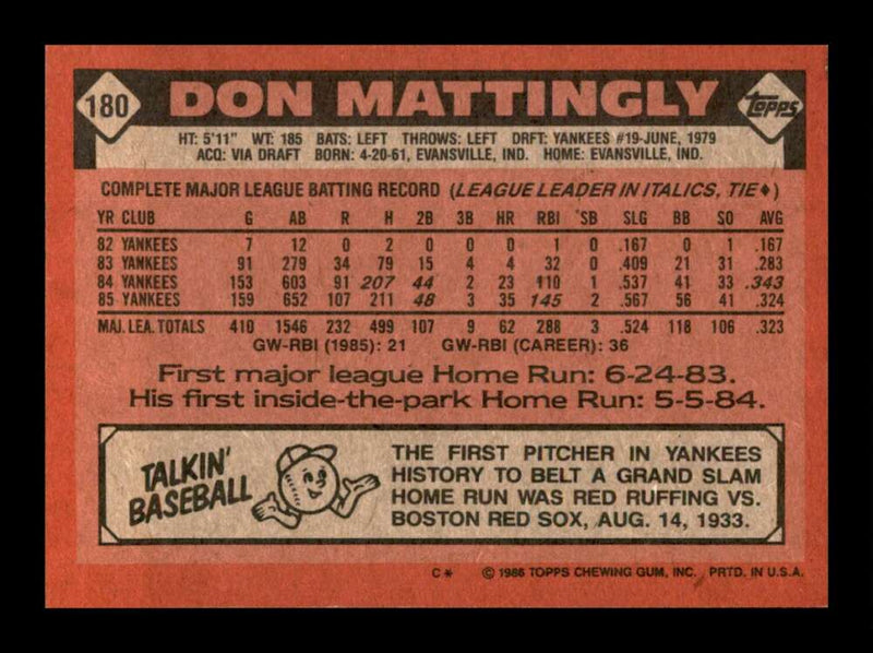 Load image into Gallery viewer, 1986 Topps Don Mattingly #180 New York Yankees Image 2
