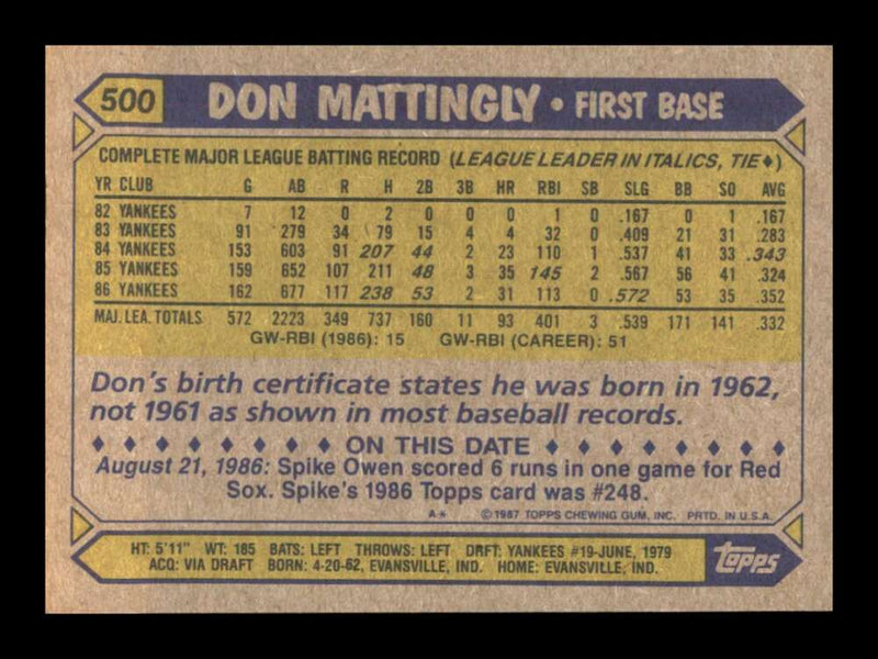 Load image into Gallery viewer, 1987 Topps Don Mattingly #500 New York Yankees Image 2
