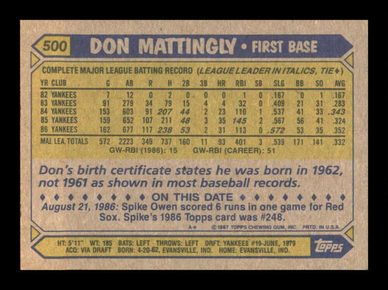 Load image into Gallery viewer, 1987 Topps Don Mattingly #500 New York Yankees Image 2
