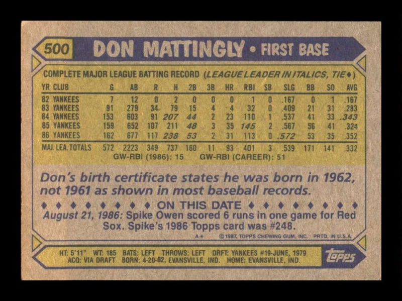 Load image into Gallery viewer, 1987 Topps Don Mattingly #500 New York Yankees Image 2
