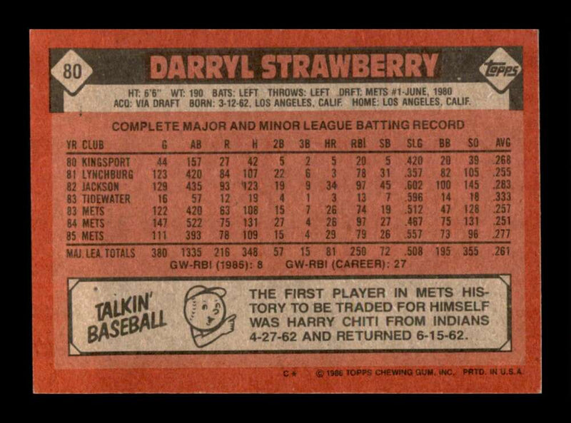 Load image into Gallery viewer, 1986 Topps Darryl Strawberry #80 New York Mets Image 2
