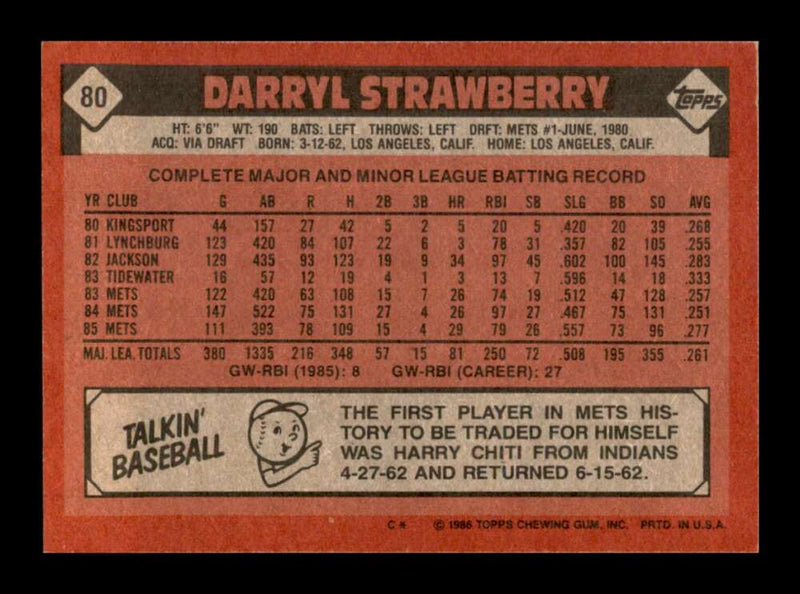 Load image into Gallery viewer, 1986 Topps Darryl Strawberry #80 New York Mets Image 2
