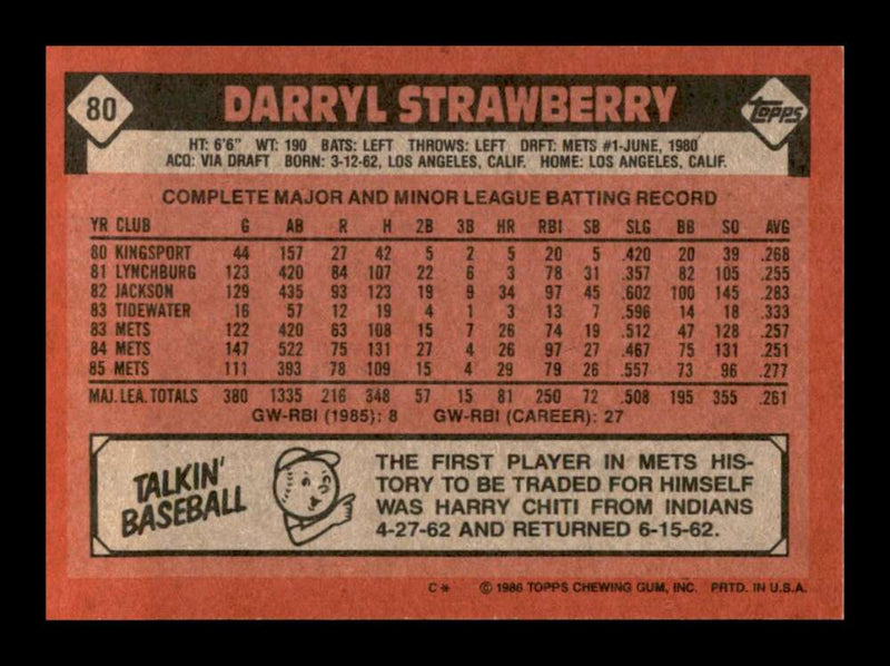 Load image into Gallery viewer, 1986 Topps Darryl Strawberry #80 New York Mets Image 2
