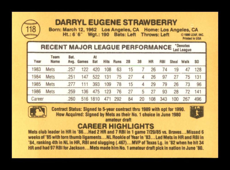 Load image into Gallery viewer, 1987 Donruss Darryl Strawberry #118 New York Mets Image 2
