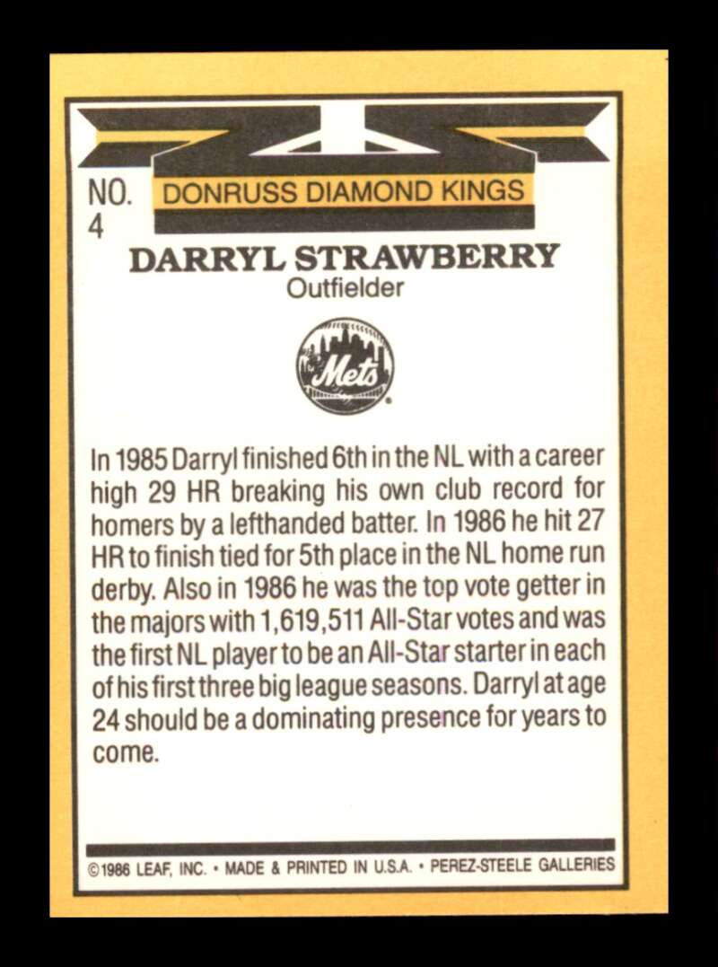 Load image into Gallery viewer, 1987 Donruss Diamond Kings Darryl Strawberry #4 New York Mets Image 2
