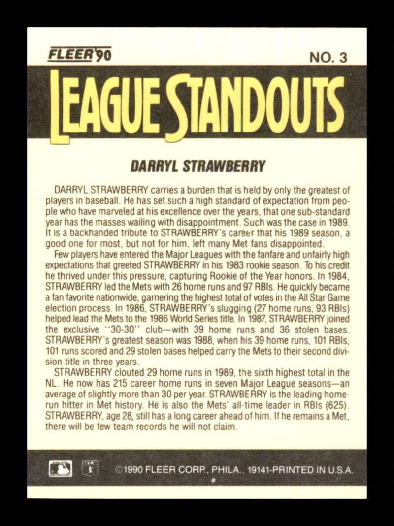 Load image into Gallery viewer, 1990 Fleer League Standouts Darryl Strawberry #3 New York Mets Image 2
