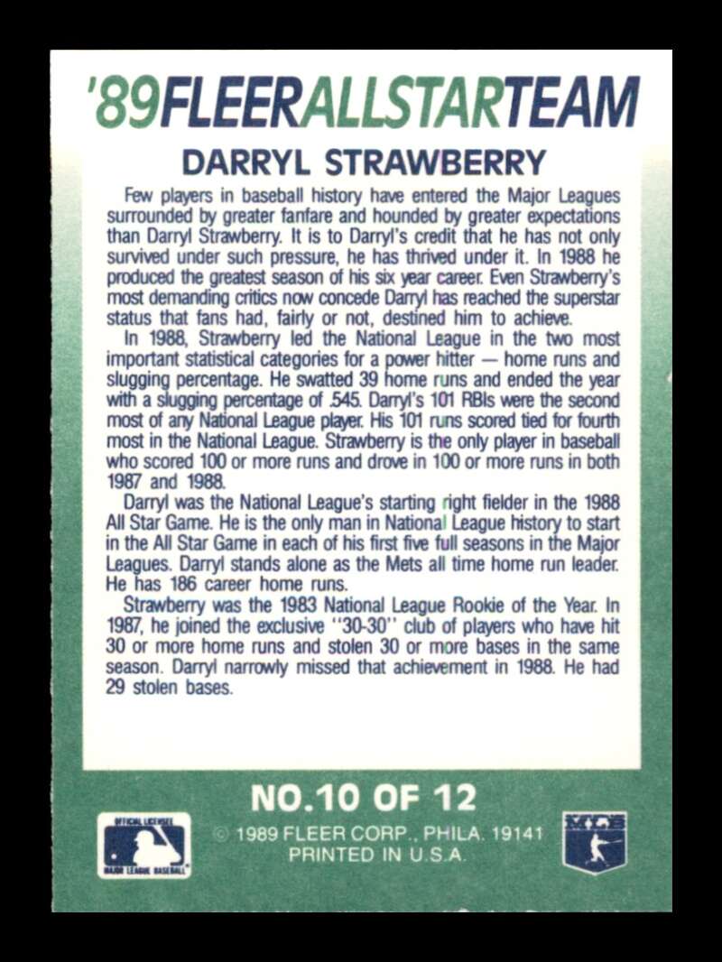 Load image into Gallery viewer, 1989 Fleer All Stars Darryl Strawberry #10 New York Mets Image 2
