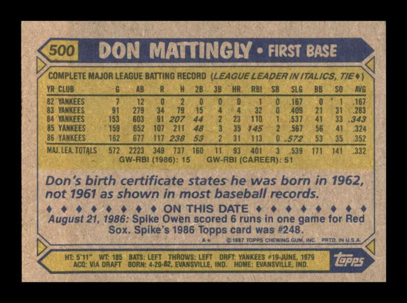 Load image into Gallery viewer, 1987 Topps Don Mattingly #500 New York Yankees Image 2
