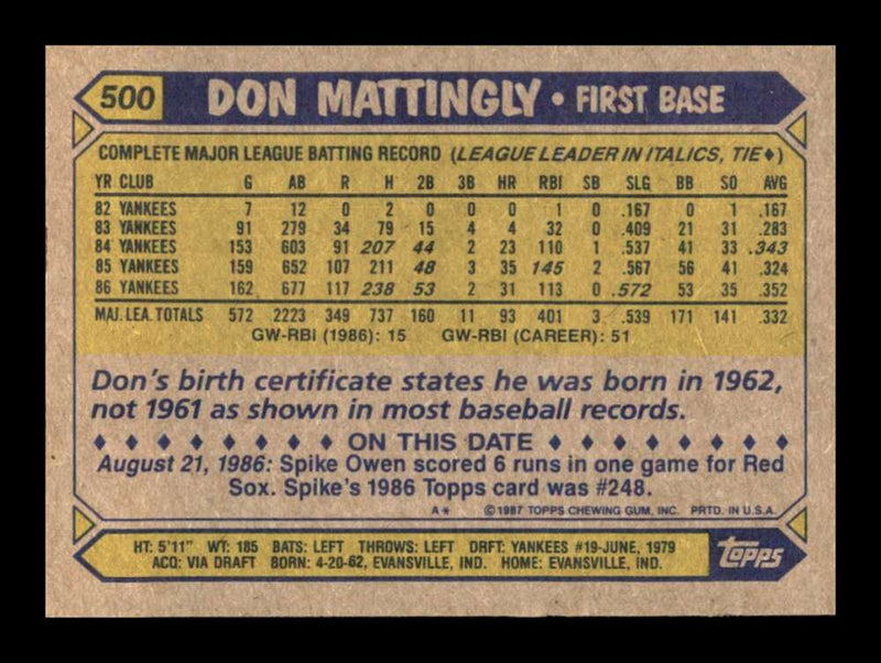 Load image into Gallery viewer, 1987 Topps Don Mattingly #500 New York Yankees Image 2
