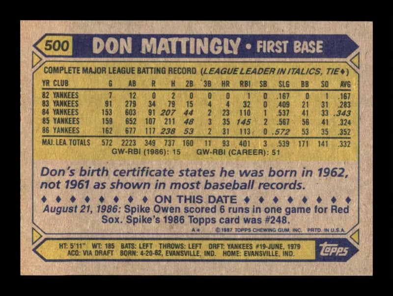 Load image into Gallery viewer, 1987 Topps Don Mattingly #500 New York Yankees Image 2
