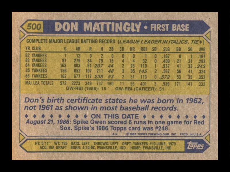 Load image into Gallery viewer, 1987 Topps Don Mattingly #500 New York Yankees Image 2
