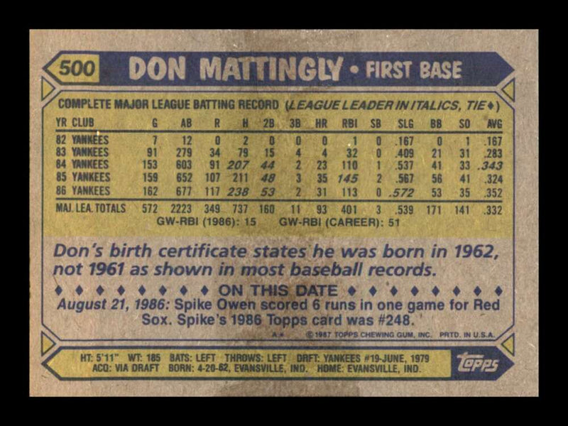 Load image into Gallery viewer, 1987 Topps Don Mattingly #500 New York Yankees Image 2
