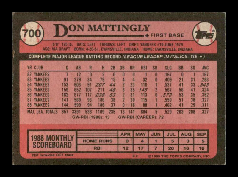 Load image into Gallery viewer, 1989 Topps Don Mattingly #700 New York Yankees Image 2
