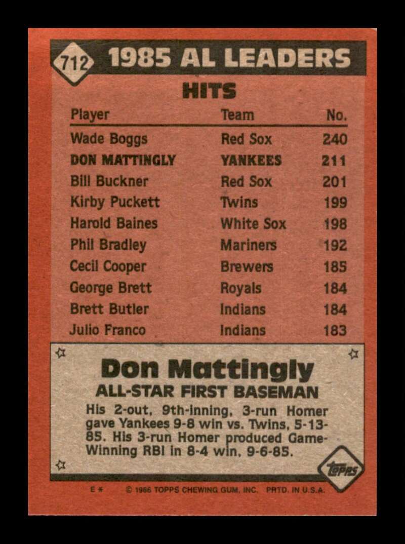 Load image into Gallery viewer, 1986 Topps Don Mattingly #712 New York Yankees Image 2
