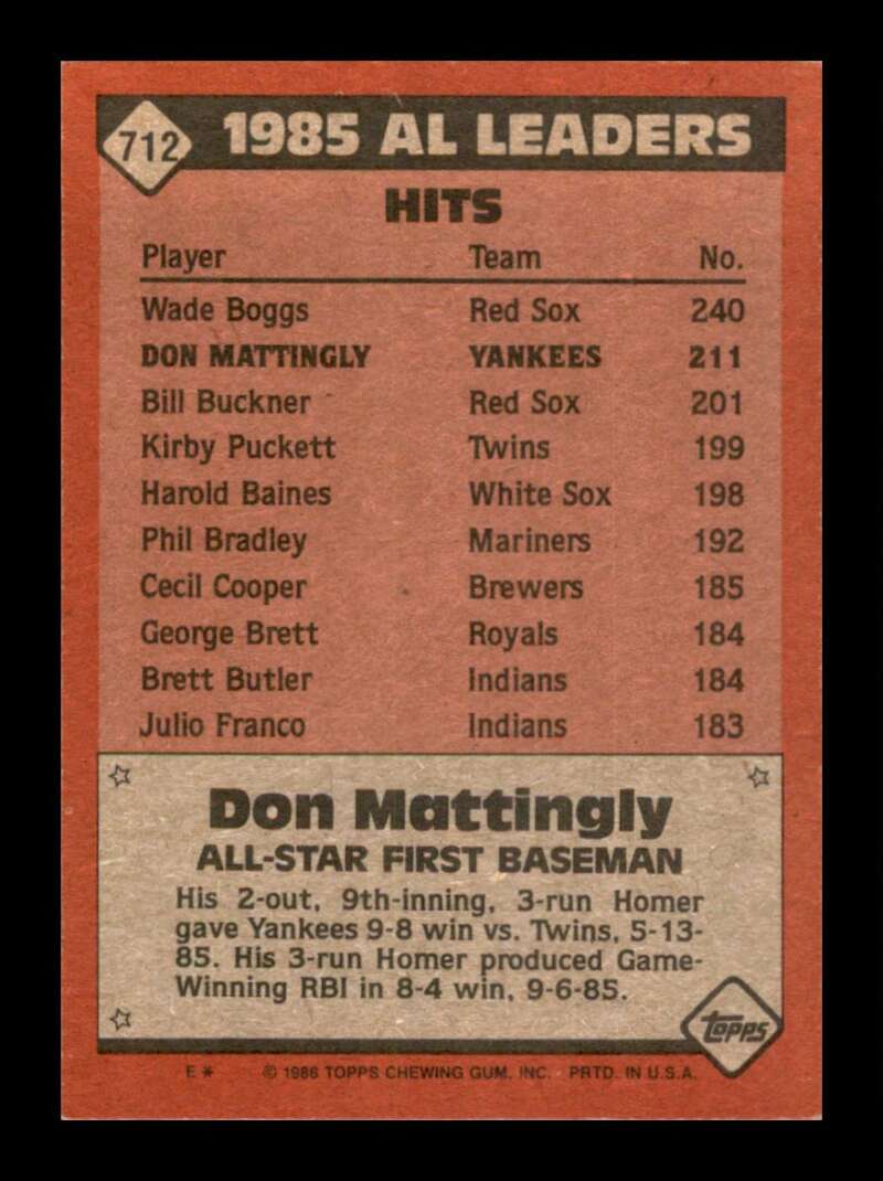 Load image into Gallery viewer, 1986 Topps Don Mattingly #712 New York Yankees Image 2
