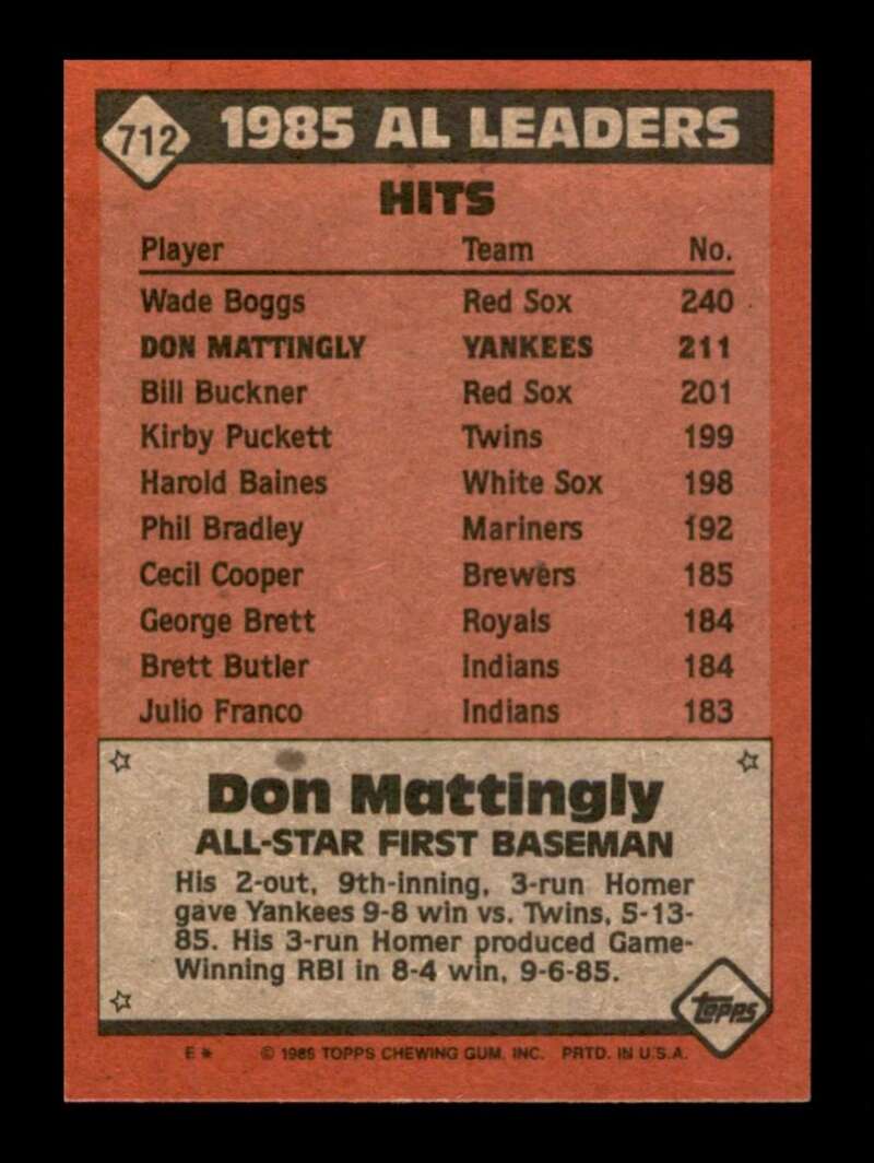 Load image into Gallery viewer, 1986 Topps Don Mattingly #712 New York Yankees Image 2
