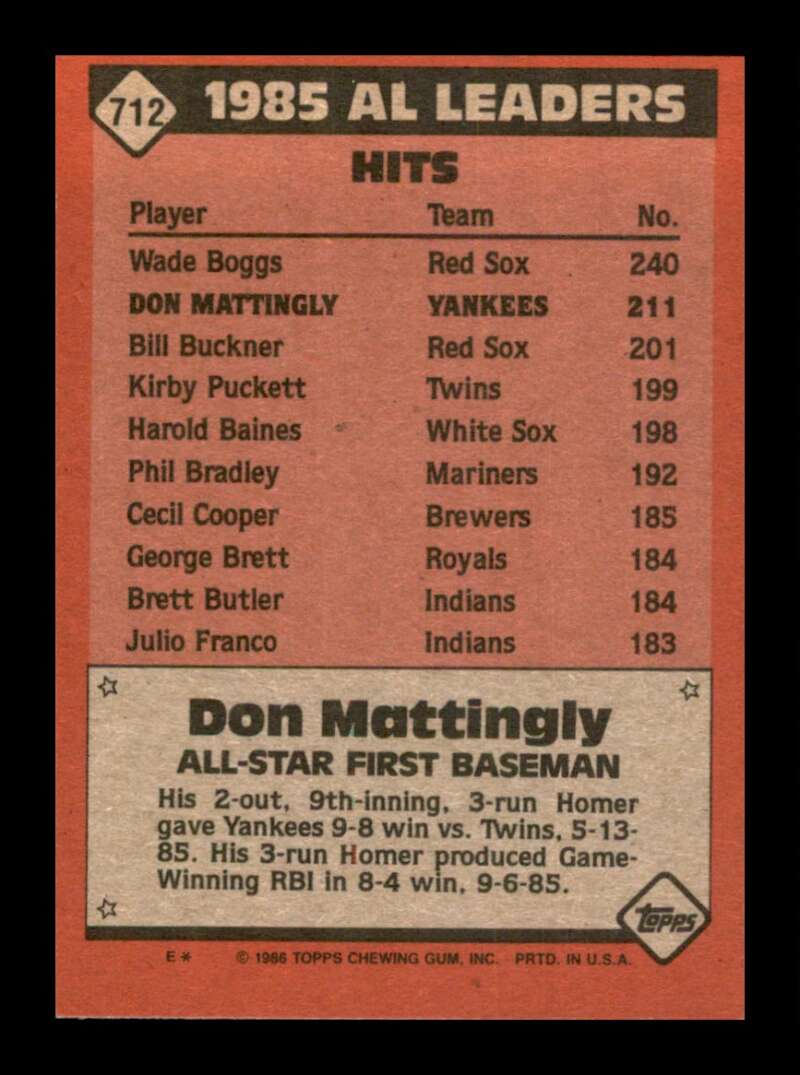 Load image into Gallery viewer, 1986 Topps Don Mattingly #712 New York Yankees Image 2
