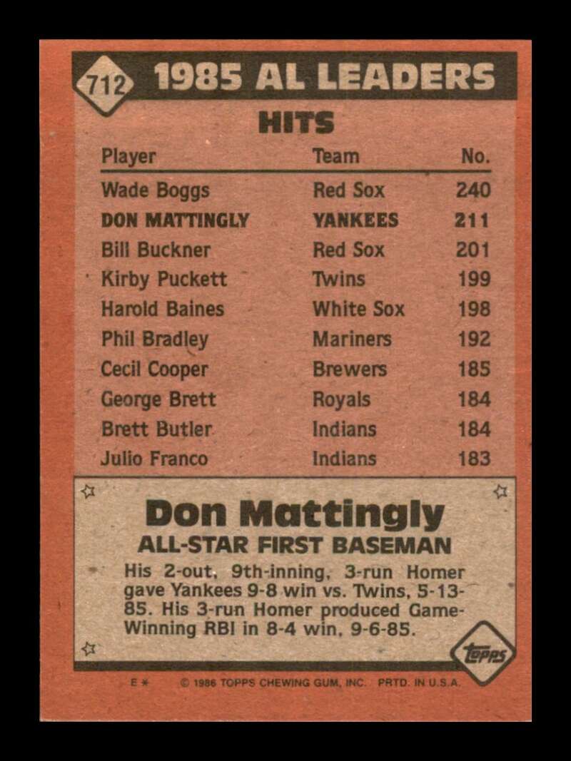 Load image into Gallery viewer, 1986 Topps Don Mattingly #712 New York Yankees Image 2
