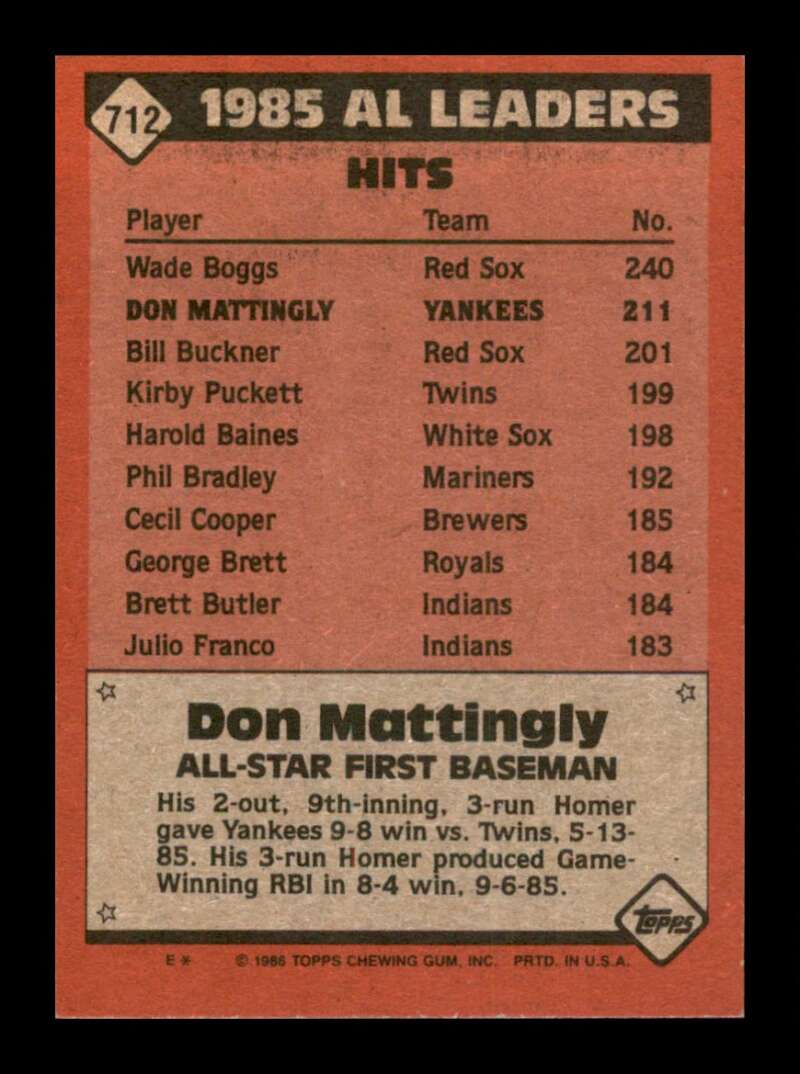 Load image into Gallery viewer, 1986 Topps Don Mattingly #712 New York Yankees Image 2
