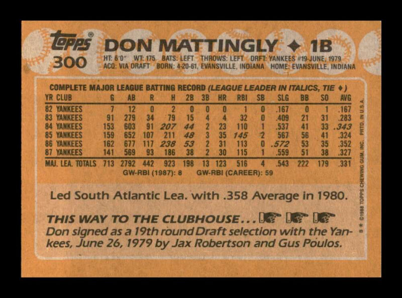 Load image into Gallery viewer, 1988 Topps Don Mattingly #300 New York Yankees Image 2
