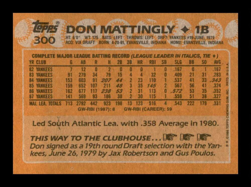 Load image into Gallery viewer, 1988 Topps Don Mattingly #300 New York Yankees Image 2
