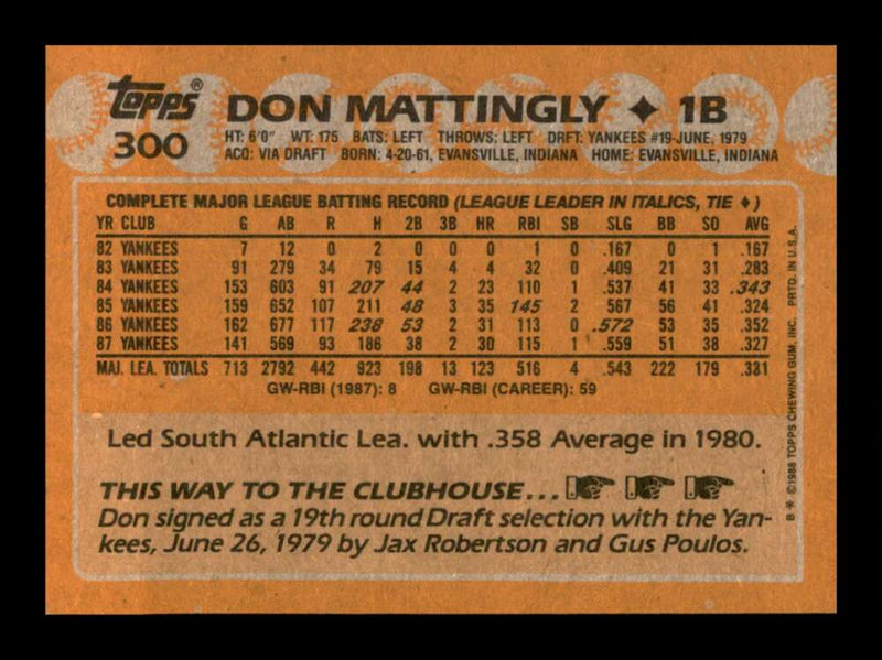 Load image into Gallery viewer, 1988 Topps Don Mattingly #300 New York Yankees Image 2
