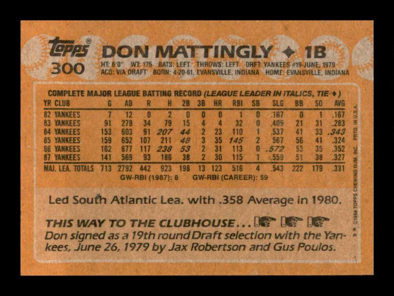 Load image into Gallery viewer, 1988 Topps Don Mattingly #300 New York Yankees Image 2
