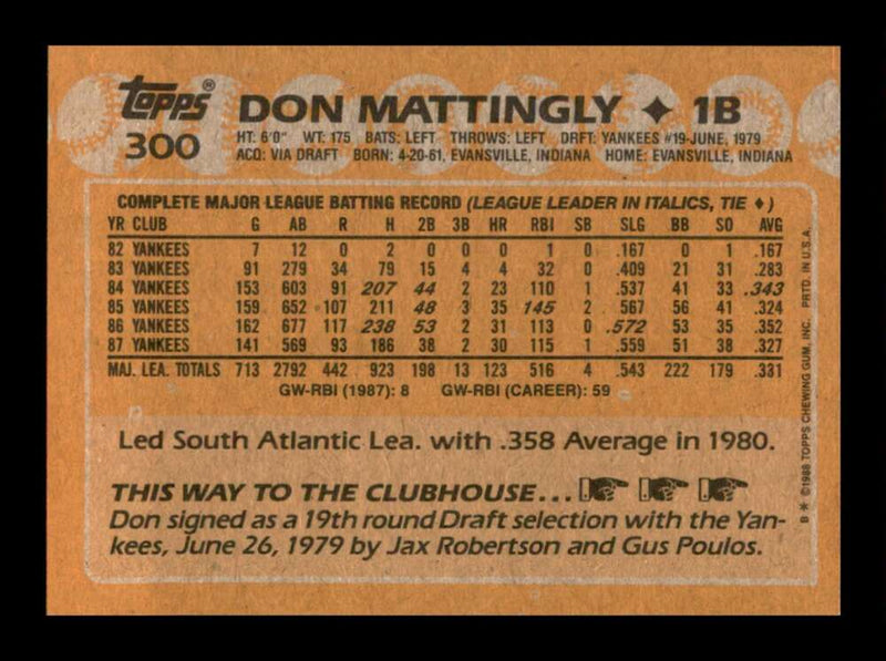 Load image into Gallery viewer, 1988 Topps Don Mattingly #300 New York Yankees Image 2
