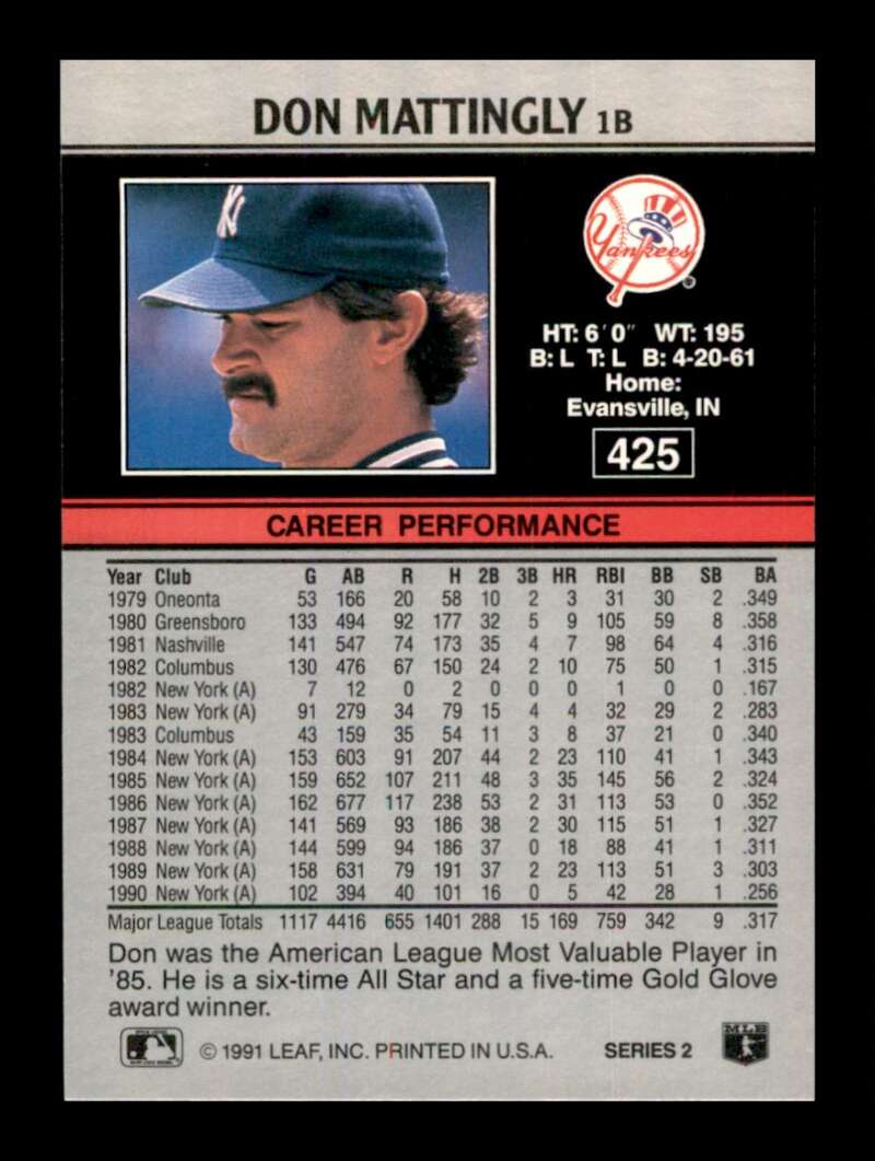 Load image into Gallery viewer, 1991 Leaf Don Mattingly #425 New York Yankees Image 2
