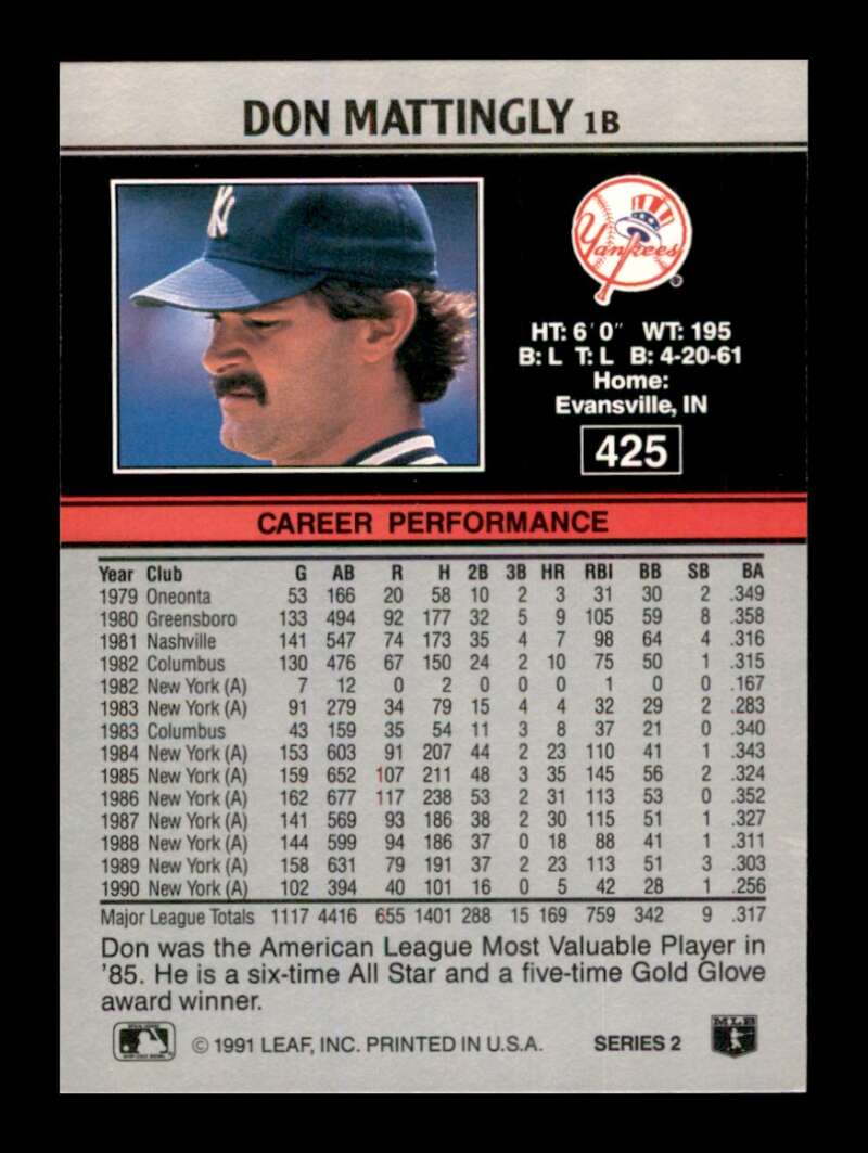 Load image into Gallery viewer, 1991 Leaf Don Mattingly #425 New York Yankees Image 2
