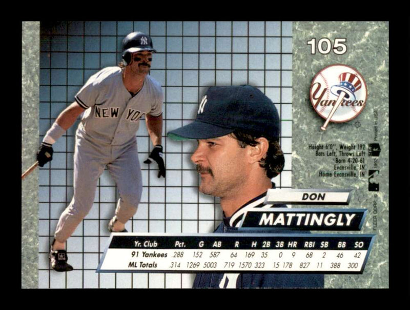 Load image into Gallery viewer, 1992 Fleer Ultra Don Mattingly #105 New York Yankees Image 2
