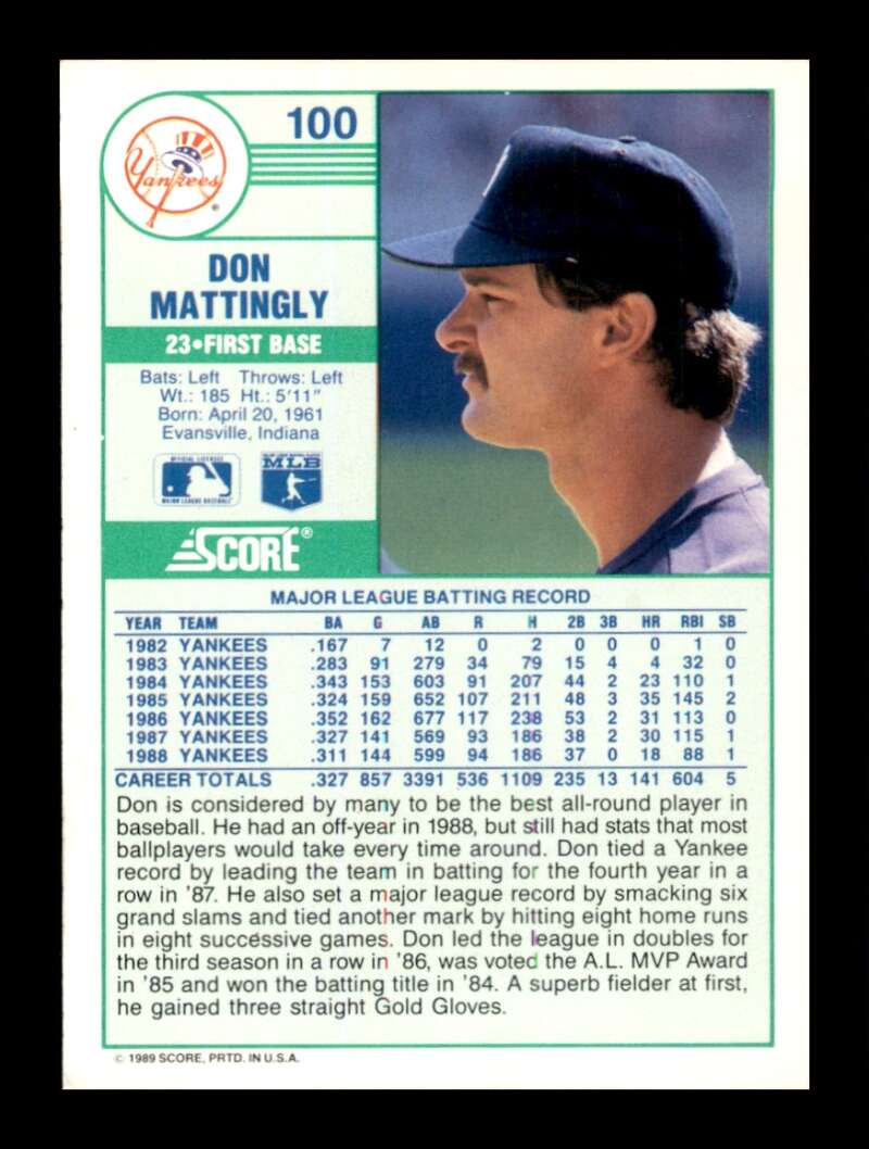 Load image into Gallery viewer, 1989 Score Don Mattingly #100 New York Yankees Image 2
