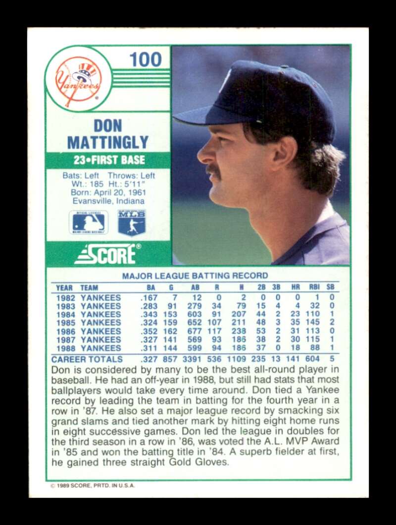 Load image into Gallery viewer, 1989 Score Don Mattingly #100 New York Yankees Image 2
