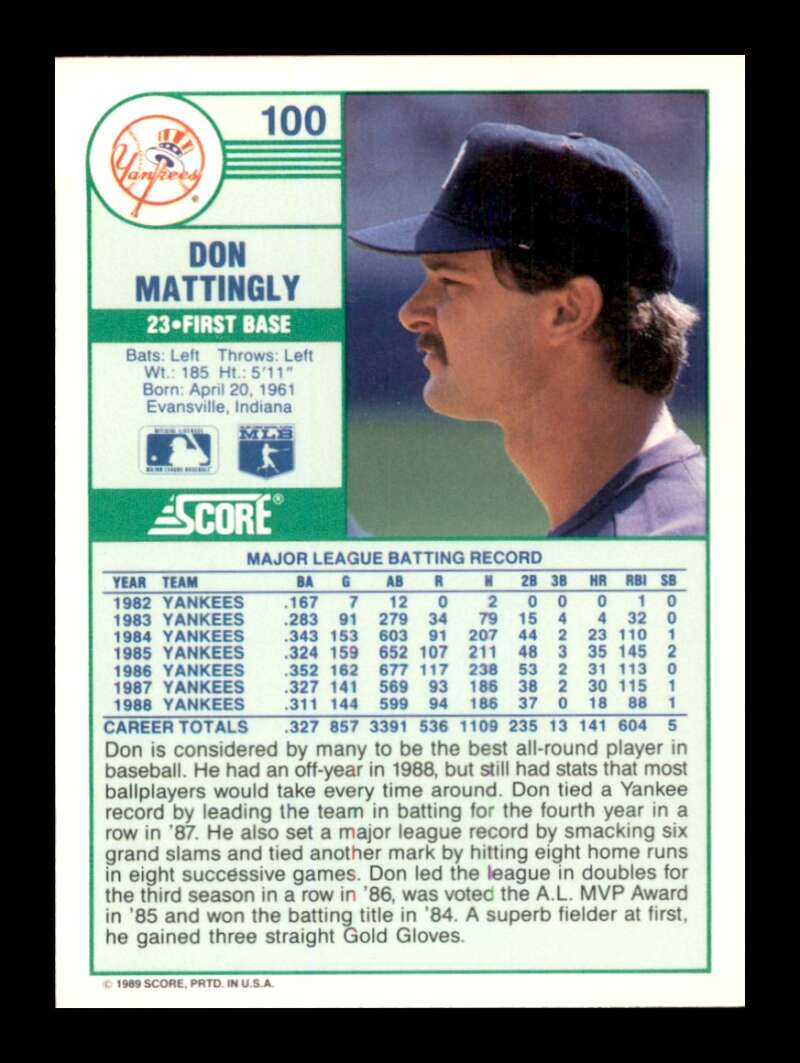 Load image into Gallery viewer, 1989 Score Don Mattingly #100 New York Yankees Image 2
