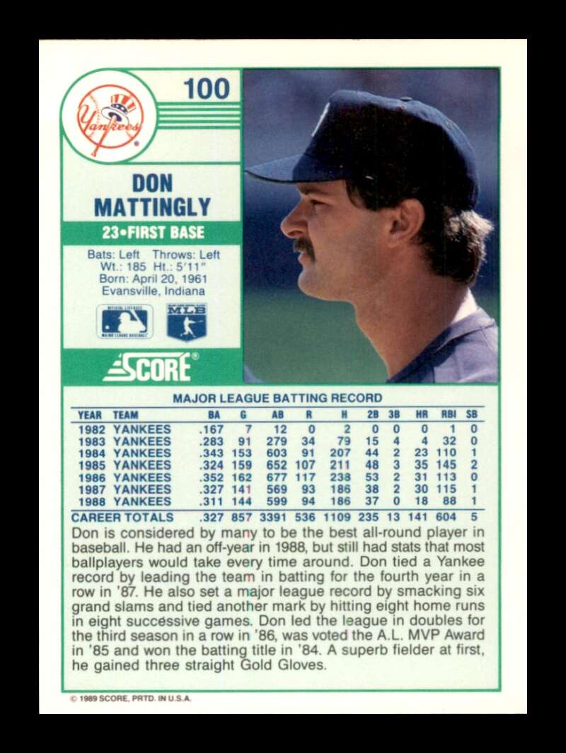 Load image into Gallery viewer, 1989 Score Don Mattingly #100 New York Yankees Image 2
