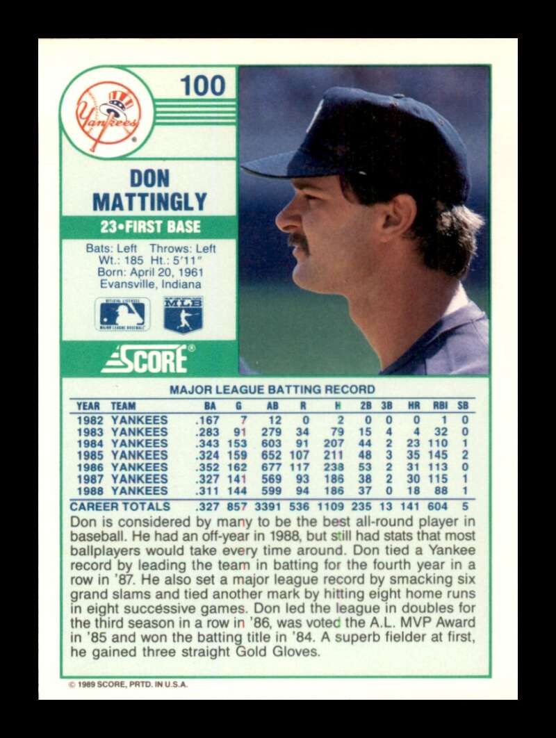 Load image into Gallery viewer, 1989 Score Don Mattingly #100 New York Yankees Image 2
